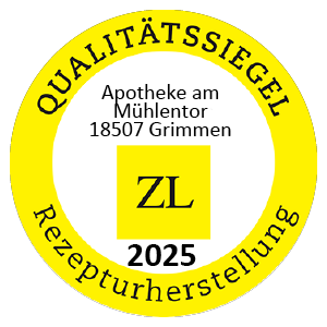 Logo eines runden Qualitätssiegel. In der weißen Mitte steht Apotheke am Mühlentor 18507 Grimmen ZL 2025. In einem gelben runden Rahmen darum steht Qualitätssigel Rezepturherstellung.