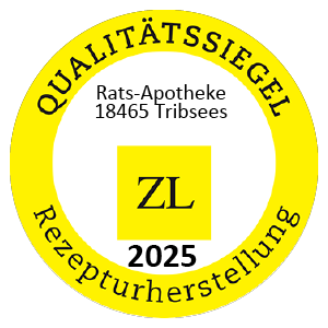 Logo eines runden Qualitätssiegel. In der weißen Mitte steht Rats-Apotheke 18465 Tribsees ZL 2025. In einem gelben runden Rahmen darum steht Qualitätssigel Rezepturherstellung.